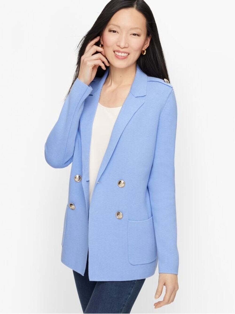 Talbots Cotton Silk Double Breasted Knit Sweater Blazer Jacket Large Blue Gold